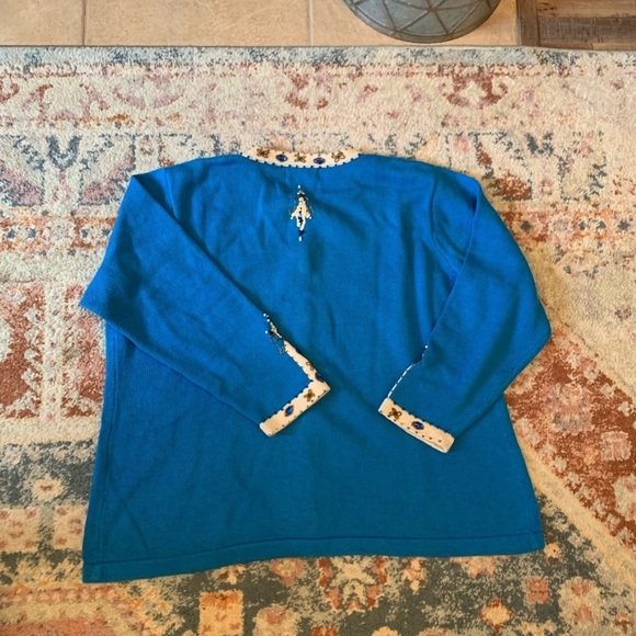 Storybook Knits Ramie & Cotton Blue White Beaded Jeweled Button Down Cardigan 2X - Picture 8 of 9